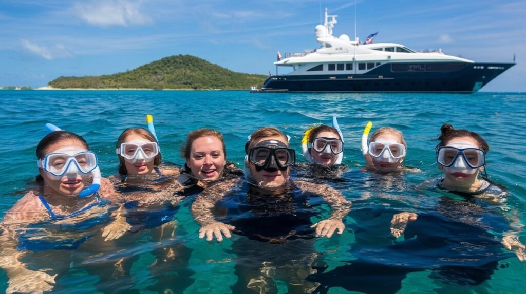 Friends enjoying zaya nurai island yacht trip package with rsy yacht rentals